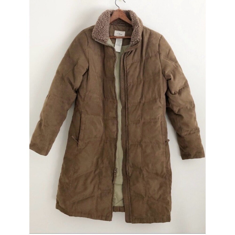 Brown L.L. Bean Long Goose Down Jacket sz M brown two way full zip fur collar